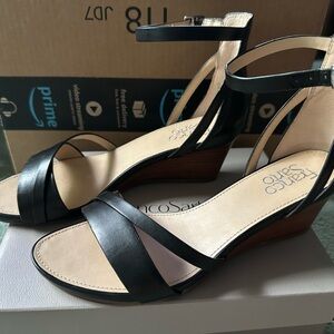 Franco Sarto Davina 2 Black Leather Ankle-Strap Wedge Sandals